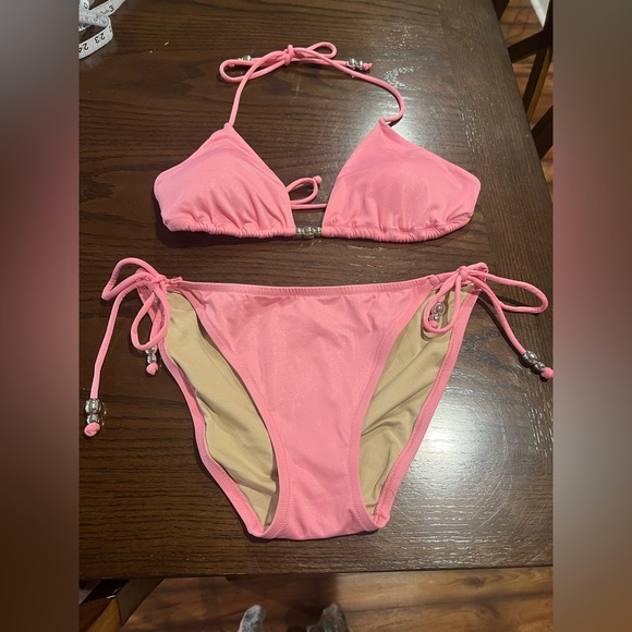 Victoria Secret Vintage Y2K Pink Shimmer 2 Piece Bikini With Silver Beading - Picture 1 of 13